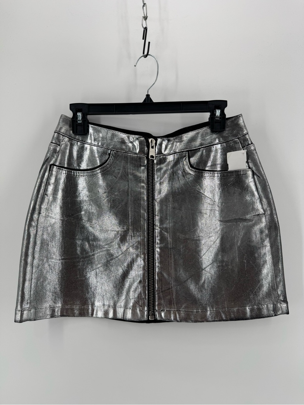 All Saints Metallic Silver Front-Zip Mini Skirt